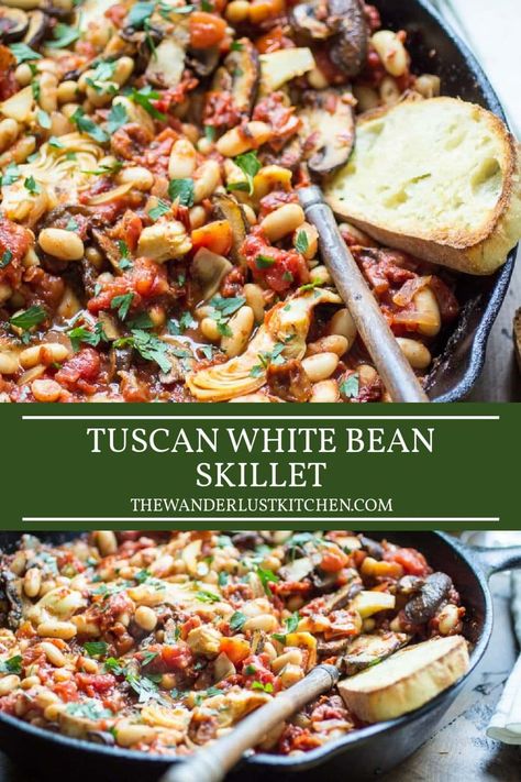 This vegetarian Tuscan White Bean Skillet recipe is made from pantry staples for a quick weeknight dinner! White Bean Skillet, Vegetarian Skillet, Tuscan White Bean, Vegetarian Dinners, Quick Weeknight Dinners, Diet Vegetarian, Skillet Meals, White Bean, Mediterranean Diet Recipes