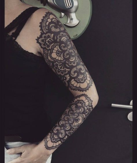 Lace Work Tattoo, Lace Cover Up Tattoo, Lace Half Sleeve Tattoo, Black Lace Sleeve Tattoo, Lace Tattoo Design Sleeve, Lace Shoulder Tattoos For Women Unique, Lace Sleeve Tattoos For Women, Lace Tattoo Design Vintage Arm, Lace Arm Tattoos For Women