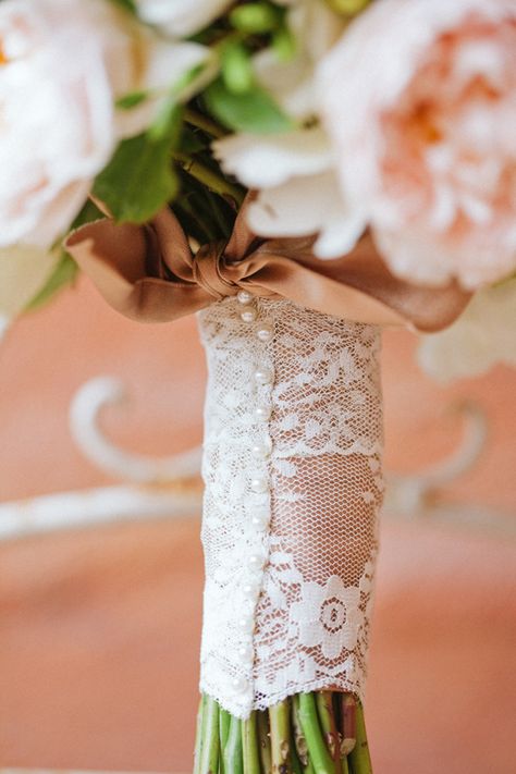 Lace and Pearl Wrap on Bouquet Bouquet Ribbon Wrap, Pearls Wedding Theme, Lace Bouquet, Bouquet Photography, Mariachi Band, Aqua Wedding, San Gregorio, Sage Wedding, Ribbon Bouquet