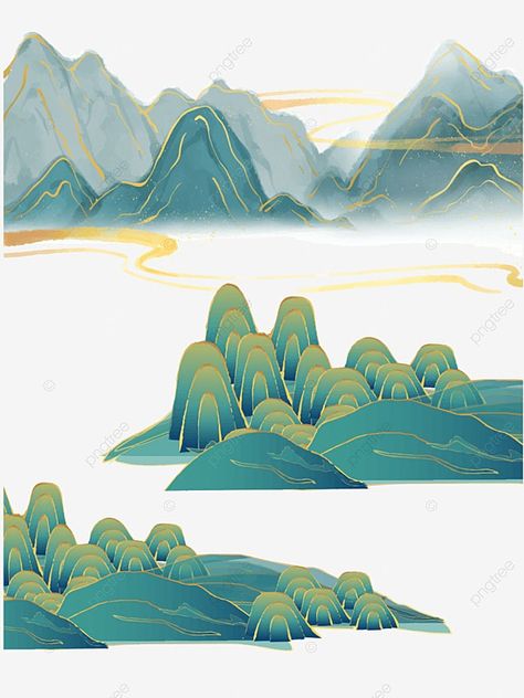 Chinese Cloud Painting, Chinese Mountain Drawing, Green Mountain Drawing, Digital Mountain Art, Chinese Vector Art, Asian Mountain Art, Chinese Cloud Illustration, Asian Clouds Drawing, Chinese Mountain Art