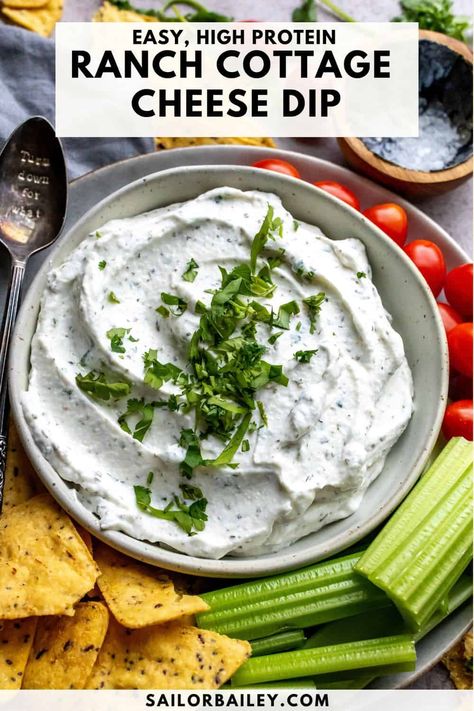 Cottage Cheese Dip High Protein Cottage Cheese Ranch Dip, Summer Chips And Dip Recipes, Protein Dip For Veggies, Health Dips Recipes, High Protein Ranch Dip, High Protein Chip Dip, High Protein Cottage Cheese Dip, Cottage Cheese Chip Dip, High Protein Veggie Dip