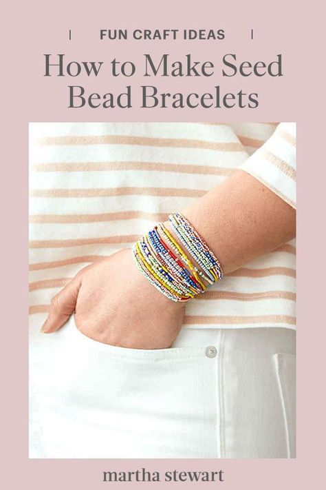 Our chic, grown-up versions of a best friend seed bracelet are just as fun, but we use a crimp bead that makes sliding them on and off easy. Follow our seed bracelet tutorial for this fun bead bracelet craft. #marthastewart #crafts #diyideas #easycrafts #diyjewelry Stretch Seed Bead Bracelet Diy, Making Seed Bead Bracelets, Beaded Loom Bracelets Patterns Free, Simple Seed Bead Jewelry, Making A Beaded Necklace, Seed Bead Bracelets Diy How To Make, Seed Bead Stretch Bracelets Diy, Simple Beaded Bracelets Tutorial, Elastic Seed Bead Bracelets Diy