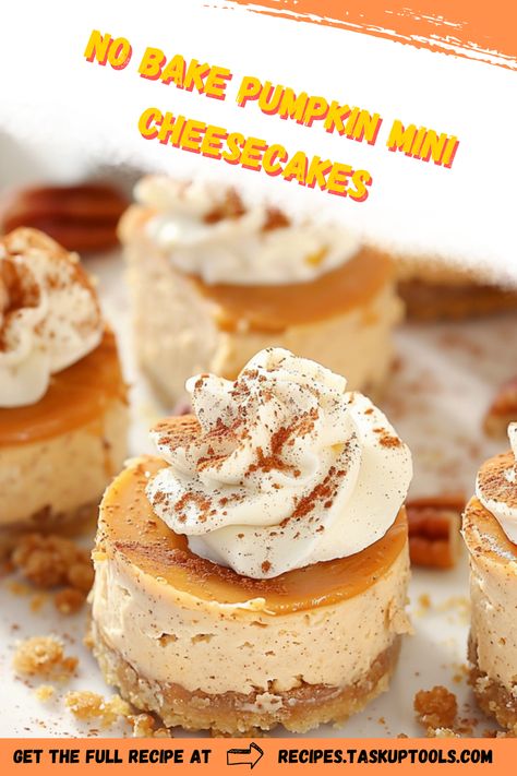 Indulge in the perfect blend of fall flavors with our No Bake Pumpkin Mini Cheesecakes. These delightful treats are easy to make, requiring no oven time, making them ideal for a quick dessert option. With a creamy texture and rich pumpkin spice, they are perfect for festive gatherings or cozy nights in. Discover a simple way to satisfy your pumpkin cravings and impress your guests with these charming, individual-sized cheesecakes. Enjoy all the taste of autumn in a bite-sized delight. Mini No Bake Pumpkin Cheesecake, Thanksgiving Mini Cheesecakes, Pumpkin Mini Cheesecakes, No Bake Mini Pumpkin Cheesecake, No Bake Mini Cheesecake Recipes, No Bake Pumpkin Desserts, Mini Cheesecakes No Bake, Individual Pumpkin Desserts, Mini Pumpkin Desserts