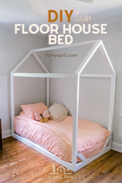 House Bed Frame Diy, Floor House Bed, Diy Floor Bed, Diy Twin Bed Frame, Toddler Twin Bed, Diy House Bed, Diy Twin Bed, Girls Twin Bed, Bed Full Size