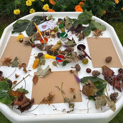 Hygge in the Early Years on Instagram: "Hygge Autumn treasure art in the tuff tray 🍂  Thank you to our member Jodie Williams Childminding for this activity." Hygge Early Years, Outdoor Tuff Tray Ideas Eyfs, Autumn Eyfs Activities, Play Invitations, Baby Room Activities, Autumn Eyfs, Forest Play, Hygge Autumn, Hearts Paper Crafts