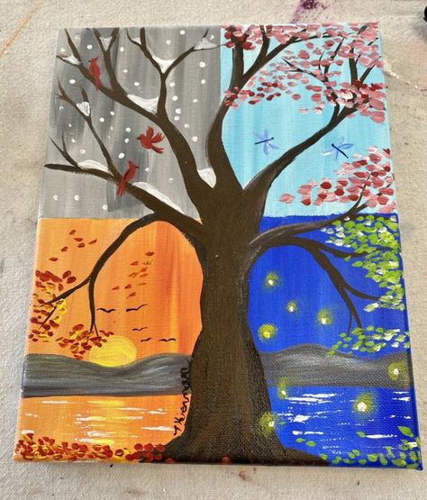 How To Paint A Four Seasons Tree - Step By Step Painting 4 Season Tree Craft, Tree Four Seasons Art, 6 Seasons Painting, Season Paintings Four, Seasonal Drawings Ideas, 4 Seasons Art Project, 4 Season Tree Painting, Four Seasons Art Ideas, Four Season Painting Ideas