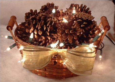 How to Make Lighted Pine Cone Baskets thumbnail Branch Centerpieces Wedding, Christmas Pine Cones, Holiday Baskets, Basket Lighting, Pine Cone Decorations, Cones Crafts, Pine Cone Crafts, Christmas Baskets, How To Make Light