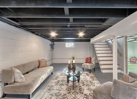 Unfinished Basement Ceiling, Exposed Basement Ceiling, Basement Ceiling Painted, Basement Ceiling Options, Basement Suite, Low Ceiling Basement, Basement Painting, Ceiling Options, Basement Lighting