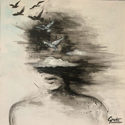 Acryl painting on canvas 40x40 #acrylic #acrylicpainting #birds #sky# #blackandwhite #blackandwhite Rebirth Aesthetic Art, Painting Ideas On Canvas Feelings, Art Depicting Emotions, Acrylic Black And White Painting Ideas, Art Meaningful Painting, Deep Painting Ideas, Painting Ideas Dark Aesthetic, Dark Painting Aesthetic, Deep Painting Feelings