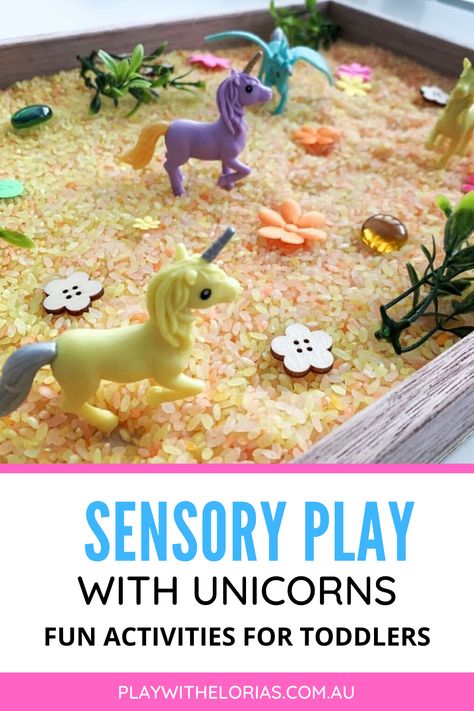 Unicorn Sensory Play, Barbie Sensory Bin, Unicorn Tuff Tray, Unicorn Sensory Bin, Unicorn Activities Preschool, Unicorn Activities, Coloured Rice, Sensory Play Dough, Nursery Rhyme Theme