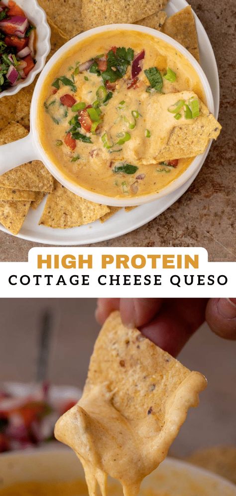 Cottage Cheese Queso, Crostini Toppings, Protein Cottage Cheese, Cottage Cheese Recipes Healthy, Cottage Cheese Dips, Cheese Queso, Healthy High Protein Meals, Cottage Cheese Recipes, Lost 100 Pounds