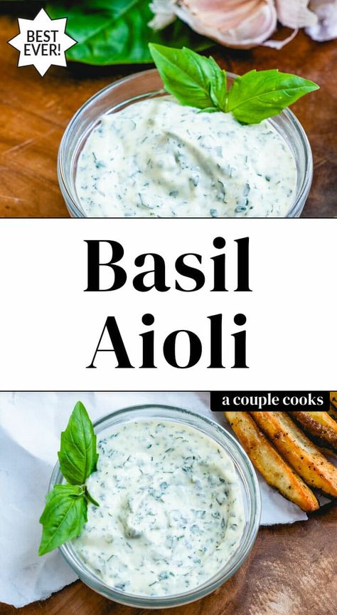 You'll want to use this incredible basil aioli on everything! It's quick and easy to make, featuring this fresh and peppery green herb. #basilaioli #aioli #basil #basilrecipe #aiolirecipe Pesto Aioli, Fresh Basil Recipes, Basil Aioli, Basil Pesto Recipes, Aioli Sauce, Aioli Recipe, Basil Recipes, Couple Cooking, Herb Recipes