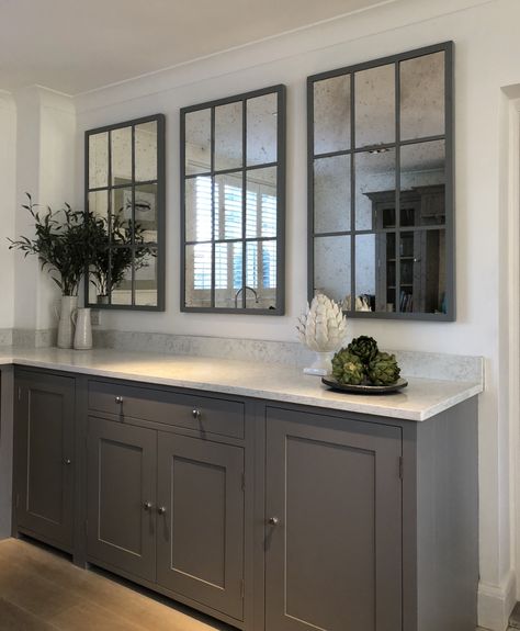 Over kitchen cabinet display of this bespoke set of mirror panels from Aldgate Home Window Mirror Decor, Kitchen Cabinet Display, Mirror Dining Room, Wall Feature, Dinning Room Design, Window Mirror, Iron Work, Window Styles, Kitchen Mirror