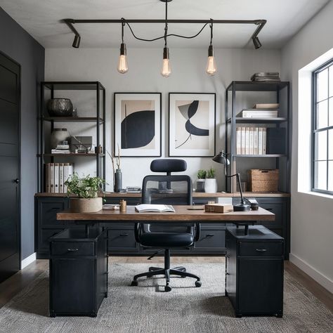 Modern Men’s Apartment 🖤🖤💖 Office Masculine Modern, Black Accent Office, Small Workroom Ideas, Men Desk Decor Office Ideas, Men’s Home Office Design, Small Office For Men, Mens Office Art, Mens Office Wall Art, Husband Office Decor Ideas