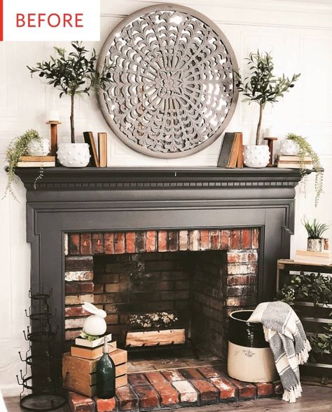 Before and After: See How Black Paint Made a Traditional Fireplace Wall Pop | Apartment Therapy Painted Mantle, Black Mantle, Wall Pop, Paint Fireplace, Black Fireplace, Farmhouse Fireplace, Traditional Fireplace, Black And White Tiles, Fireplace Surround