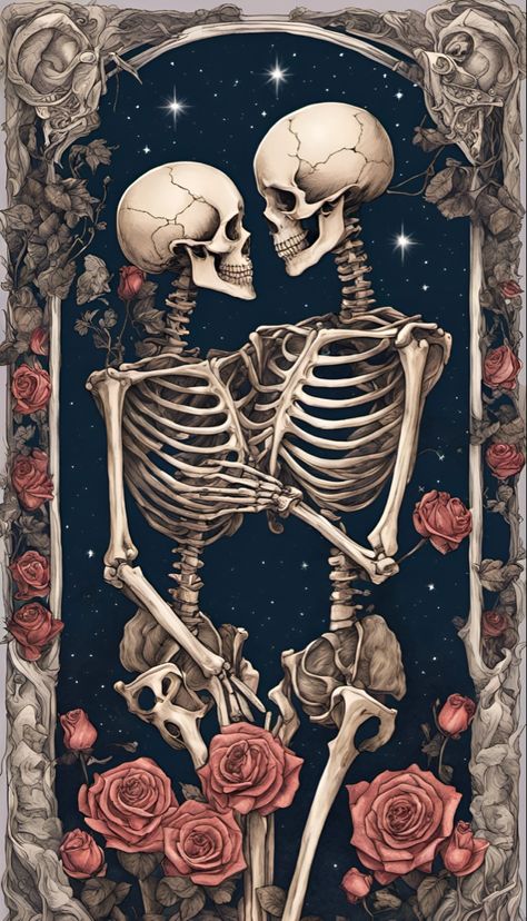 Two skull skeletons in love, in a tarot card art style Skeleton Love, Collage Pictures, The Lovers Tarot Card, Goth Tattoo, The Lovers Tarot, Skull Pictures, Skeleton Art, Skull Artwork, Cat Air