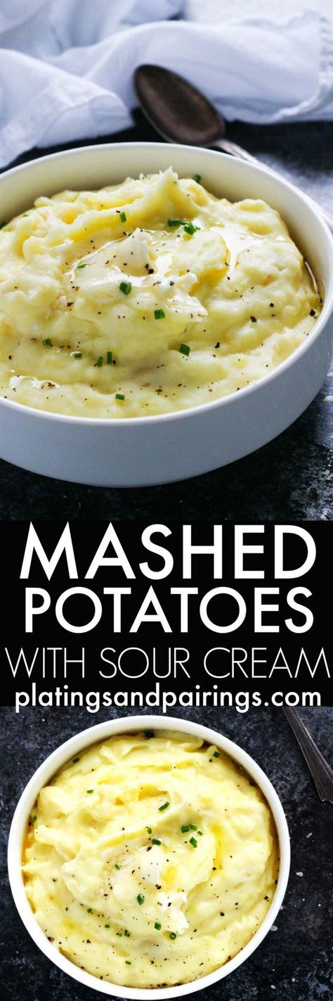 These Easy Mashed Potatoes with Sour Cream are the most delicious mashed potatoes you will ever have. They're light, creamy, butter, tangy & easy to make with the help of your stand mixer - No hand mashing required! | platingsandpairings.com Russet Mashed Potatoes, Mashed Potatoes With Sour Cream, Delicious Mashed Potatoes, Potatoes With Sour Cream, Russet Potato Recipes, Mashed Potatoes Recipe Easy, The Best Mashed Potatoes, Chicken Korma Recipe, Buttery Mashed Potatoes