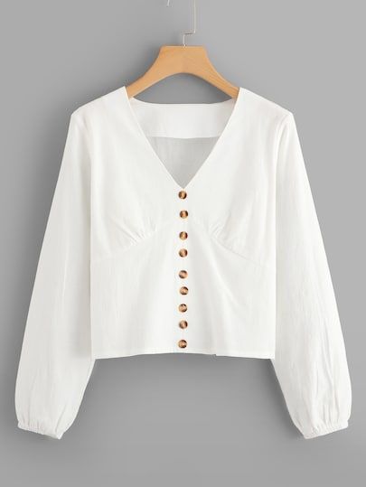 Top Girl, Button Decorations, V Neck Top, Spring Shirts, Fashion Wear, White Blouse, White Fabrics, V Neck Tops, Types Of Shirts