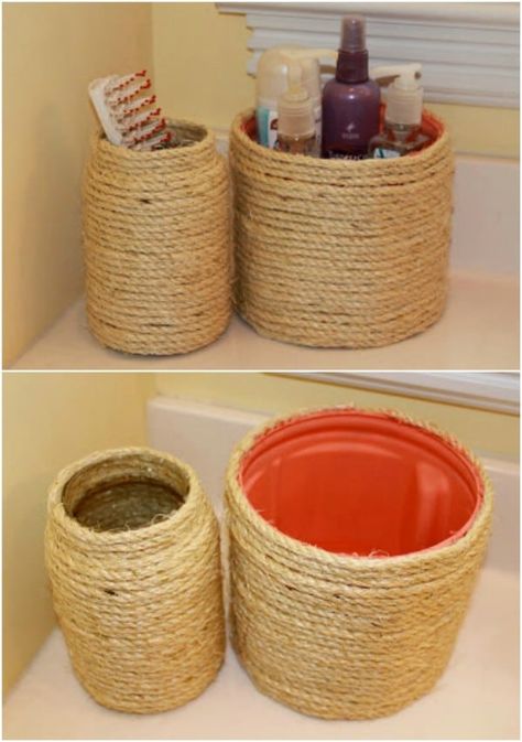 30 Crafty Repurposing Ideas For Empty Coffee Containers {With tutorial links} Reusing Plastic Containers, Gift Basket Container Ideas, Plastic Jars Diy Ideas, Upcycle Containers, Plastic Coffee Containers, Diy Rope Design, Plastic Container Crafts, Coffee Can Crafts, Repurposing Ideas