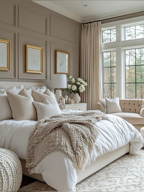 Cozy French Country Bedroom, Bedroom Inspirations Cream, Masterbedroom Bedroom Decor, Bedroom Ideas Masterbedroom, Soft Bedroom Aesthetic Master, Bedroom Ideas With Windows Behind Bed, Transitional Primary Bedroom, Huge Master Bedrooms Decor, Cream Master Bedrooms Decor