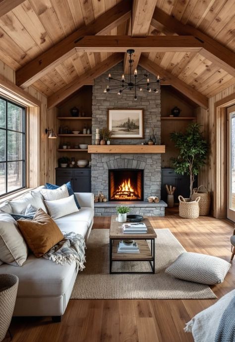 Small Cabin Interior Ideas Modern Farmhouse Cabin Interiors, How To Make A Log Cabin Look Modern, Modern Rustic Tiny House, Tahoe Cabin Interior, Loghouse Interior Modern, Rustic Cottage Interiors Small Cabins, Small Cabin In The Woods Interior, Cabin Feel Home, Modern Woodsy Decor