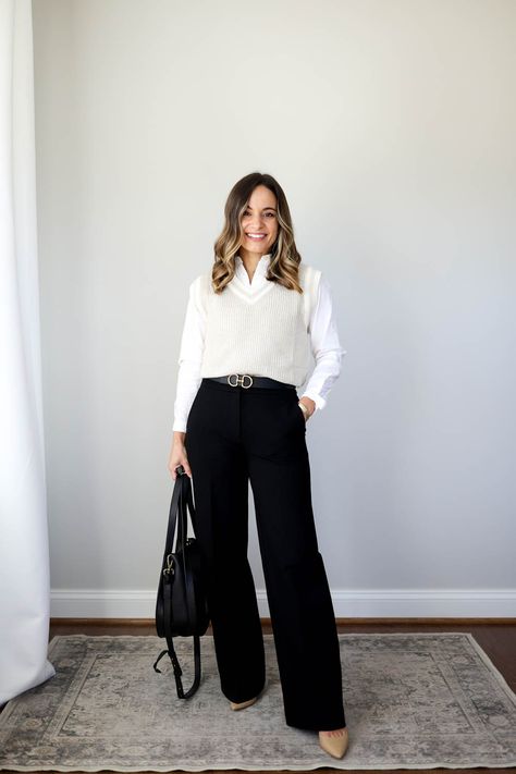 Wide Leg Work Outfits Women, Sweater And Dress Pants Work Outfits, Business Casual Style Winter, Women’s Black Pants Outfit, Size 8 Business Casual Outfits, 2023 Women’s Work Fashion, Black Pants Work Outfit Winter, Casual Work Outfits Petite, Work Outfits Women Comfy