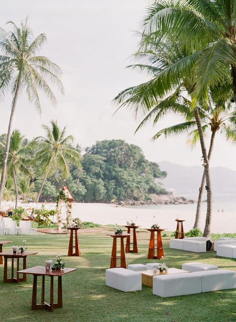 A Serene, Lotus-Themed Wedding in Thailand Lawn Cocktail Hour Wedding, Beach Cocktail Hour, Beach Cocktail Party, Cocktail Hour Decor, Wedding In Thailand, Beach Wedding Decorations Reception, Cocktail Wedding Reception, Beach Wedding Reception, Outdoor Cocktail