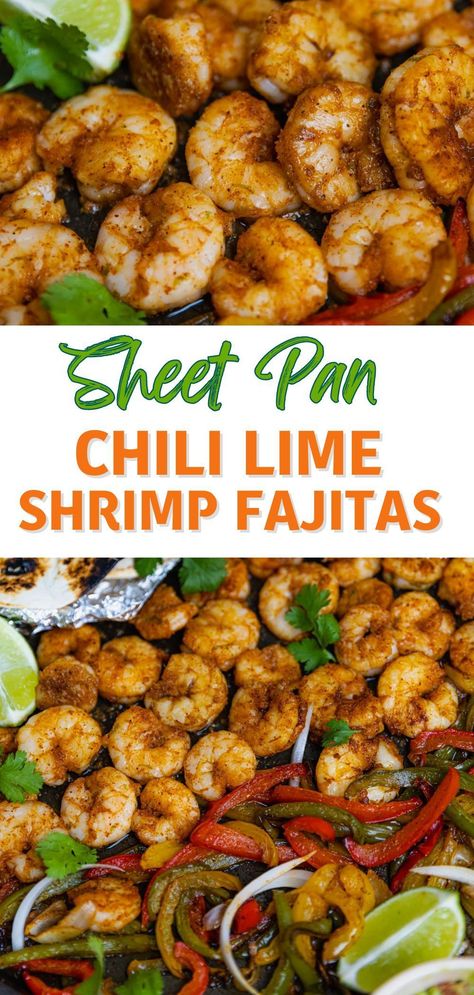 This simple Sheet Pan Chili Lime Shrimp Fajita recipe will soon become your new go-meal when life gets busy! Juicy shrimp and tender peppers, and onions flavored with homemade fajita seasoning are cooked in just 20 minutes. This delicious, effortless dish is great any night of the week and super fun to make for parties. Chili Fajita Recipe, Weight Watcher Sheet Pan Dinners, Shrimp Fajitas Sheet Pan, Shrimp Fajita Recipe, Sheet Pan Fajitas, Soul Recipes, Sheet Pan Shrimp, Chili Lime Shrimp, Dinner Party Dishes