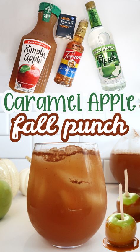 4-ingredient Caramel Apple Punch - Love and Marriage Baileys Fall Cocktails, Caramel Apple Water, Apple Juice And Sprite Punch, Carmel Apple Alcohol Punch, Fall Frozen Drinks Alcohol, Yummy Fall Drinks Alcohol, Caramel Apple Drink Non Alcoholic, Fall Alcohol Drinks For A Party, Spiced Caramel Apple Punch