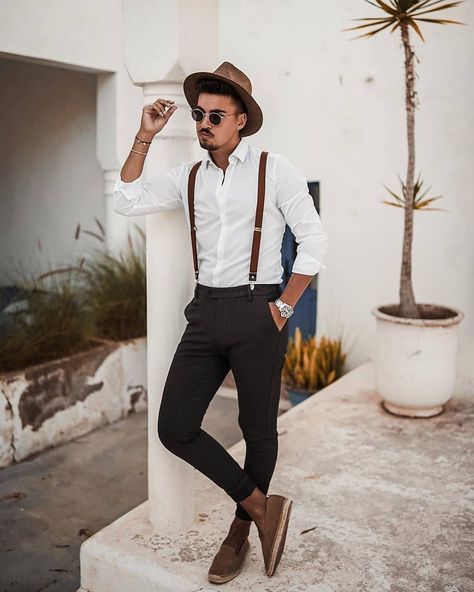 Retro Outfit For Men, Retro Day Outfits, Vintage Outfit For Men, Brown Suspenders, 90s Fashion Outfits Hip Hop Party, Party Outfit Men, Retro Outfit, Casual Attire For Women, Suspenders Men