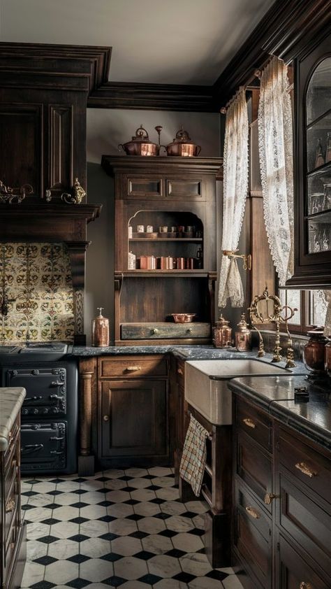 Home Decor Kitchen Vintage: 20 Charming Ideas Dark Moody Vintage Kitchen, Gothic House Decor Ideas, Home Decor Old House, Antique Houses Interior, Cozy Kitchen Black Counter, Antique Cabinets In Kitchen, Victorian Style Kitchen Cabinets, Vintage Homes Interior, 20s Home Interior