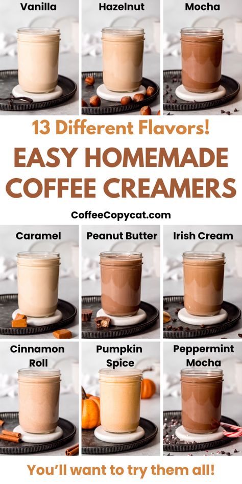 Easy Homemade Coffee Creamer (13 Flavors!) - coffeecopycat.com Hemp Milk Coffee Creamer, Healthier Homemade Coffee Creamer, Natural Coffee Creamer Recipe, Homemade Coffee Flavoring, Mocha Creamer Homemade, Non Toxic Coffee Creamer, Natural Creamer For Coffee, At Home Creamer, Copycat Coffeemate Creamer