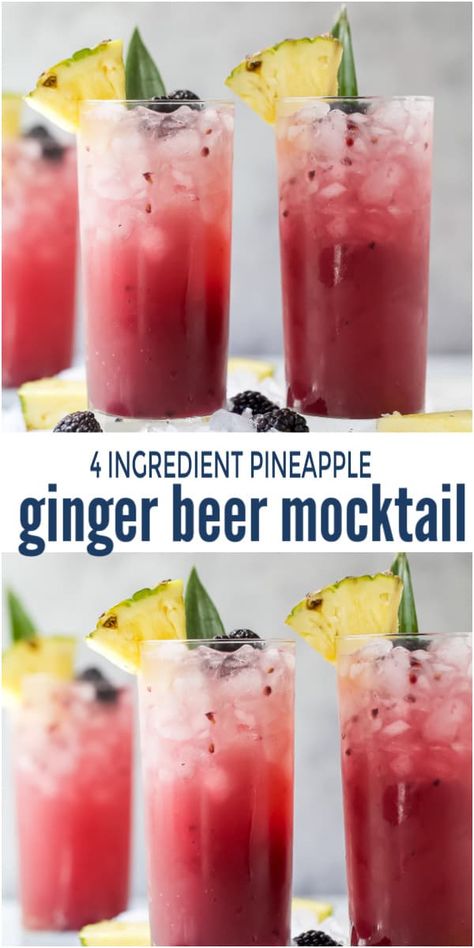 This 4 Ingredient Pineapple Ginger Beer Mocktail is a tropical fiesta for your taste buds! Made with sweet pineapple juice, fresh blackberries, zesty lime juice and bubbly ginger beer, it's an easy alcohol-free beverage that light and refreshing for the summer! #mocktailrecipe #nonalcoholic #gingerbeerrecipes #summermocktails #virgindrinks Summer Mocktails, Best Non Alcoholic Drinks, Easy Mocktail Recipes, Mocktail Drinks, Pineapple Ginger, Alcohol Free Drinks, Drink Recipes Nonalcoholic, Non Alcoholic Cocktails, Refreshing Drinks Recipes