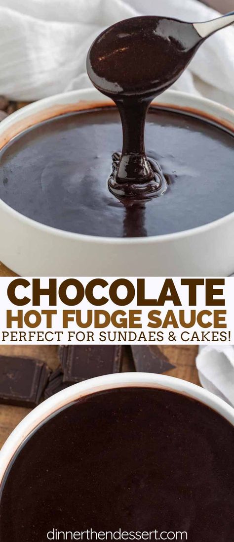 Easy Hot Fudge Sauce is sweet and indulgent, made with cocoa powder, butter, sugar, and heavy cream with vanilla, and ready in only a few minutes! #sprinkles #chocolate #hotfudge #icecream #summer #bananasplit #dinnerthendessert Hot Fudge Sauce Recipe Cocoa, Easy Hot Fudge Sauce, Easy Hot Fudge, Hot Fudge Topping, Hot Chocolate Sauce, Homemade Chocolate Sauce, Chocolate Sauce Recipes, Cocoa Powder Recipes, Homemade Hot Fudge