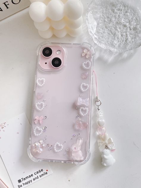 ❤️TPU resin phone case. 🎀Since it is a handmade product, bubbles may form in the case during manufacturing. Shapes such as shells and conchs can be slightly different.If you want to add or change parts, please message me. Cute Bunny Phone Cases, Iphone 12 Pink Case, Clear Floral Phone Case, Cute Pink Iphone Cases, Back Case Ideas, Iphone 15 Cute Cases, Charm Phone Cases, I Phone 11 Cases, Iphone 13 Aesthetic Case