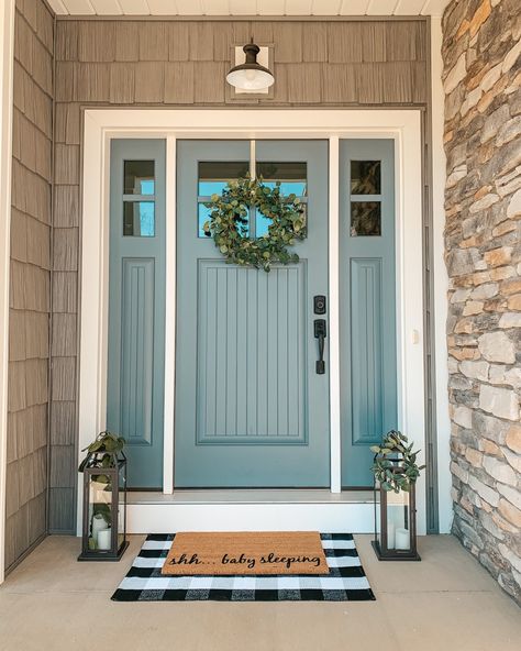 Spring Porches, Farmhouse Fall Porch Decor, Spring Front Porch Decor, Blue Front Door, Front Door Paint Colors, Door Paint Colors, Hello Friday, Painted Front Doors, Front Door Colors