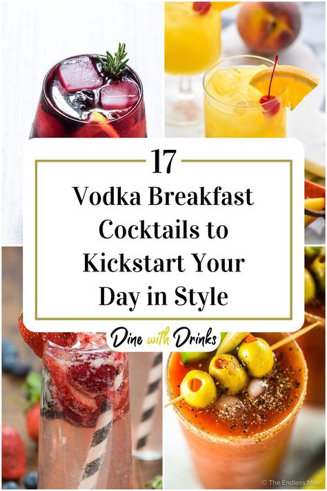 Collage of 4 vodka breakfast cocktails. Morning Alcoholic Drinks, Breakfast Alcoholic Drinks, Girls Weekend Food, Drinks For Energy, Creative Alcoholic Drinks, Breakfast Shot, Pregnant Drinks, Immunity Drink, Immunity Shots