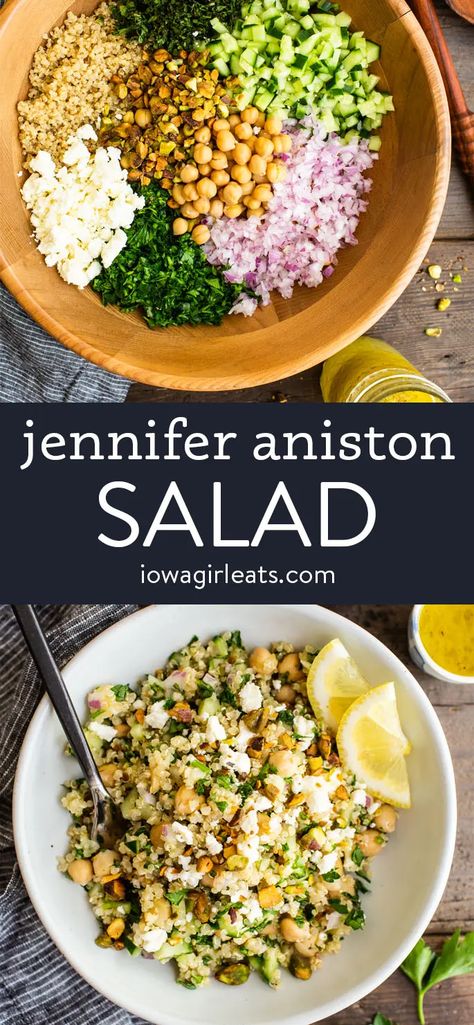 The Jennifer Aniston Salad is fresh, crunchy, and packed with protein! Enjoy this light, gluten free salad as a healthy lunch or dinner. iowagirleats.com salad recipes, salad recipes for dinner, healthy recipes, healthy lunch ideas, quinoa recipes Jennifer Aniston Salad, Aniston Salad, Gluten Free Salads, Salad Pasta, Dinner Healthy, God Mat, Diet Vegetarian, Health Dinner Recipes, Mediterranean Diet Recipes