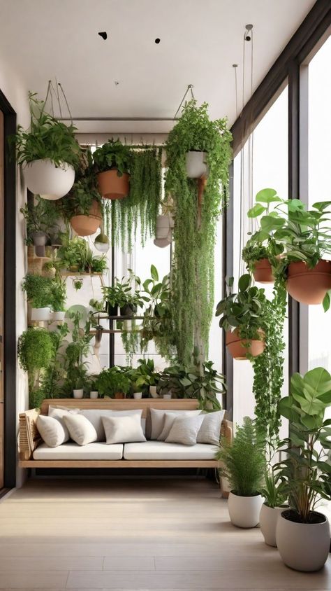 #BalconyDesign #HomeDecor #GreenLiving Green Oasis, Lush Green, Hanging Plants, Potted Plants, Balcony, Oasis, Lush, Plants, Green