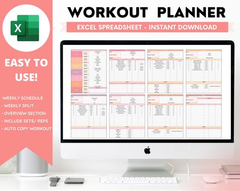 Workout Planner Spreadsheet, Microsoft Excel, Daily, Weekly, Fitness, Fitness Tracker, Split Training, Planner Workout Excel Sheet, Workout Spreadsheet, Excel Planner, Split Training, Weekly Planner Book, Training Planner, Planner Weekly Layout, Weekly Planner Print, Fitness Tracker Printable