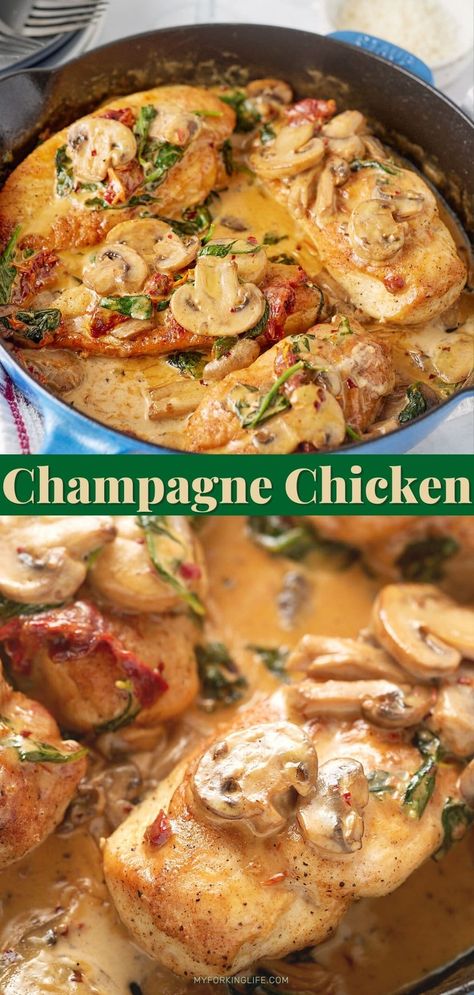 Get fancy in the easiest possible way! This creamy champagne chicken recipe is simple and easy to make all in one skillet and is so perfectly delicious! It's a great option for date night, dinner party or special occasion, and it's ready to serve in 40 minutes. Essen, Champagne Chicken, Dinner Date Recipes, Tailgate Treats, Night Dinner Recipes, Easy Dinner Party, Date Night Dinner, Fancy Dinner Recipes, Date Night Recipes