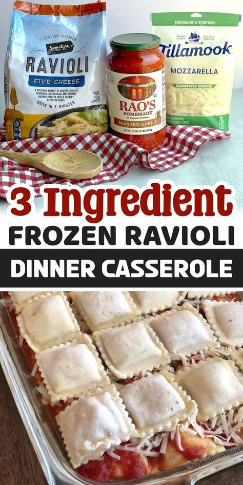 This dump and bake meal is effortless to make. Simply layer frozen ravioli, pasta sauce, and cheese into a baking dish. From there, the oven does the rest! Also known as "Lazy Lasagna", this quick and easy dinner will soon be a family favorite. You can cutomize it to your liking with any sauce or stuffed ravioli along with additional layers such as ground beef, sausage, pepperoni, mushrooms, spinach, herbs, etc. My favorite last minute dinner for busy school nights! My kids gobble it up. Lasagna Ravioli, Baked Ravioli Recipe, Cheap Ingredients, Ravioli Casserole, Baked Ravioli, Lazy Lasagna, Ravioli Bake, Ravioli Recipe, Diner Recept