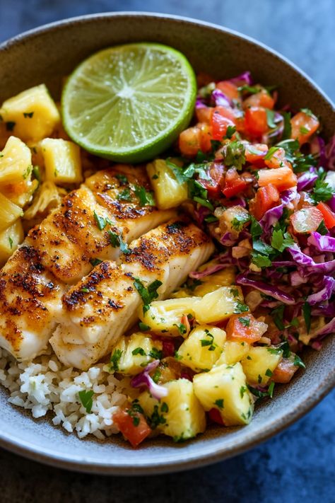 Forget Taco Tuesdays, These Low-Carb Fish Taco Bowls Will Make Every Day a Fiesta Taco Fish Bowl, Fit Meals Recipes Clean Eating, Healthy Dinner With Fish, Healthy Thai Recipes Clean Eating, Rice Fish Bowl, Cod Taco Bowl, Cod Fish Bowls, Low Calorie Flavorful Recipes, Easy Meals Healthy Clean Eating