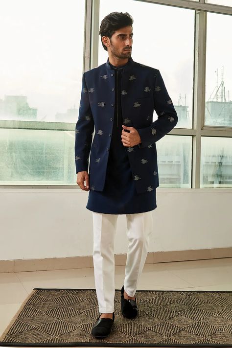 Buy Tisa - Men Blue Viscose Polyester Embroidered Bandhgala And Kurta Set Online | Aza Fashions Men’s Koti Kurta, Tilak Dress For Men, Men’s Bandhgala, Indowestern Kurta For Men, Bandgala Suit For Men, Kurta For Wedding For Men, Bandgala Suits For Men, Indian Suits For Men, Summer Wedding Outfits Indian Men