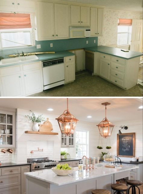 Joanna Gaines shares advice on curb appeal, layout strategy, antique sourcing, and more things you should be thinking about before you begin your next home remodel. | archdigest.com Joanna Gaines Kitchen, Small Kitchen Renovations, Fixer Upper Kitchen, Kitchen Remodel Before And After, After Pictures, Magnolia Homes, Before And After Pictures, Trendy Kitchen, Joanna Gaines