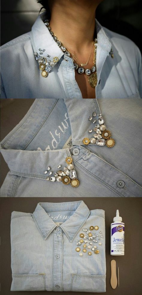 Diy Fashion Trends, Shirt Tutorial, Sewing Shirts, Diy Fashion Clothing, Denim Diy, Embellished Denim, Diy Couture, Refashion Clothes, A Button