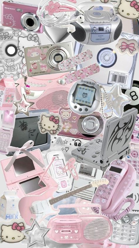 ‧₊˚🖇️✩ ₊˚🎧⊹♡ pink & silver y2k nostalgic clutter page wallpaper background #pinkcore #y2k #aesthetic #sanrio #2000s #hellokitty #kawaii Hello Kitty 2000s Wallpaper, Aesthetic Pfp Sanrio, Sanrio Core Wallpaper, Hello Kitty Y2k Wallpaper, Pink And Silver Wallpaper, Y2k Wallpaper Laptop, Y2k Hello Kitty Wallpaper, Sanrio 2000s, Backgrounds Y2k