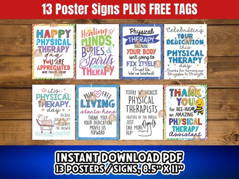 Printable Physical Therapy Day Signs Bundle is here! Physical Therapists Gifts to show Physiotherapist Appreciation and say PT Thank you Sign this World PT Day!  This is a DIGITAL product, no physical product will be sent. All designs are made on a standard US Letter size paper, 8.5" by 11" layout without watermarks.  All shadows are added for example purposes only.     WHAT YOU WILL RECEIVE    * 1 PDF - This High resolution 300 dpi file, are the designs itself. ○ US Letter Paper Size, 8.5" x 11 Physical Therapy Appreciation Gifts, Pt Month Celebration Ideas, Pt Month Gift Ideas, Physical Therapy Month, Physical Therapist Gifts, Month Signs, Thank You Sign, Simple Reminders, Therapist Gifts