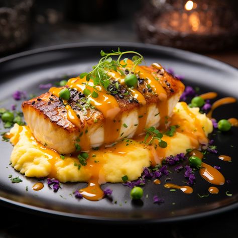 An enticing melange of Japanese flavors and textures. Gourmet Cod Recipes, Gourmet Entree Recipes, Sweet Potato And Fish, Fish Entrees Gourmet, Sea Food Dinner Ideas, Fine Dining Salmon Recipes, Restaurant Food Ideas Dishes, Fine Dining Potatoes, Healthy Fine Dining Recipes