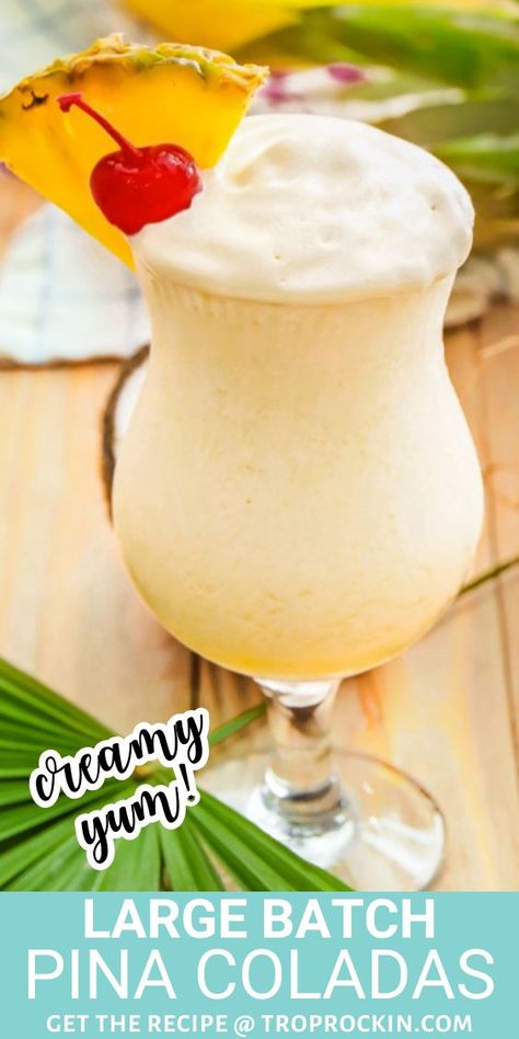 This Big Batch Pina Colada recipe is creamy and delicious! Add a little vanilla ice cream to get the extra smooth texture and top with whipped cream. Cheers! Pina Colada Pitcher Recipe, Batch Summer Cocktails, Creamy Pina Colada Recipe, Pina Colada Punch Recipe, Pina Colada Drink, Easy Pina Colada Recipe, Piña Colada Recipe, Pina Colada Cocktail Recipe, Colada Drinks